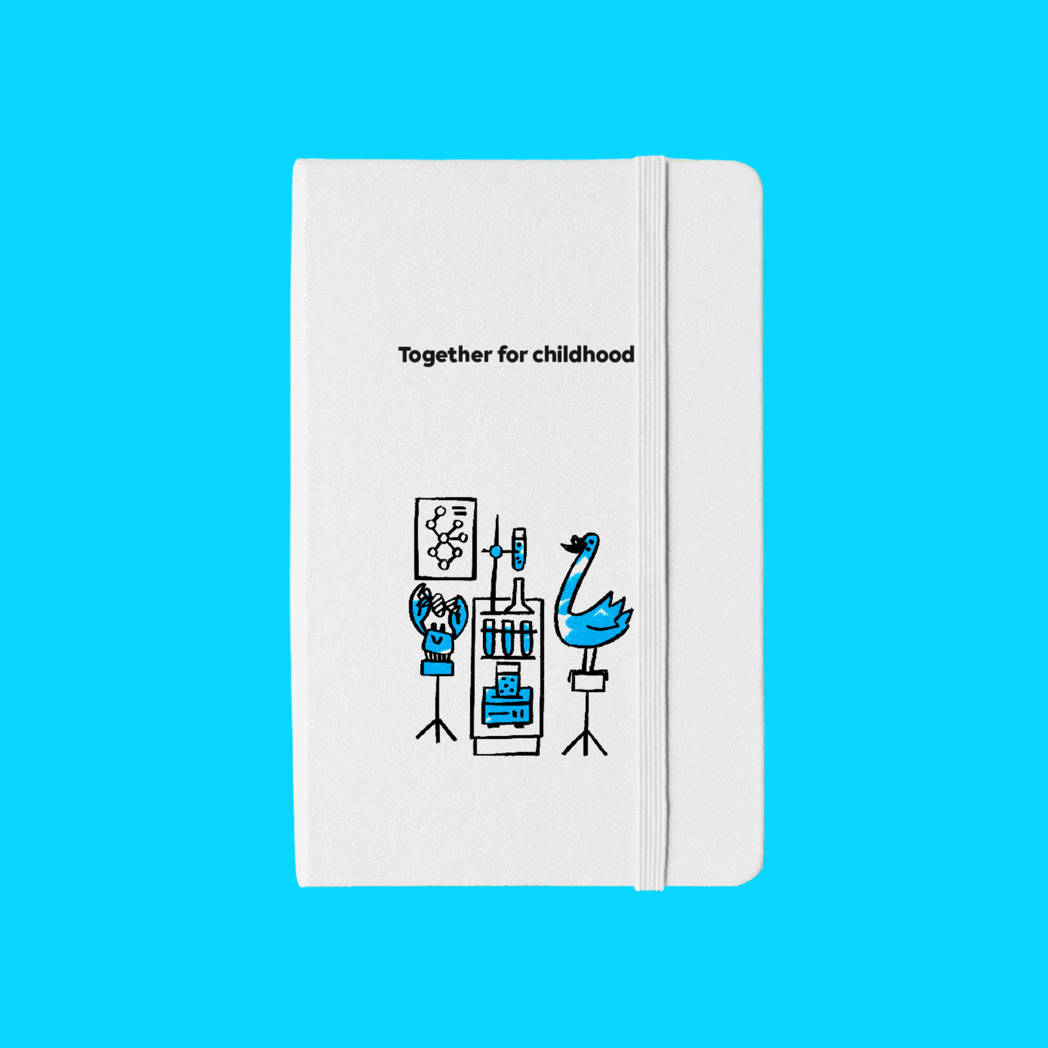 Front of white A5 notebook with elastic strap featuring blue character design and together for childhood text