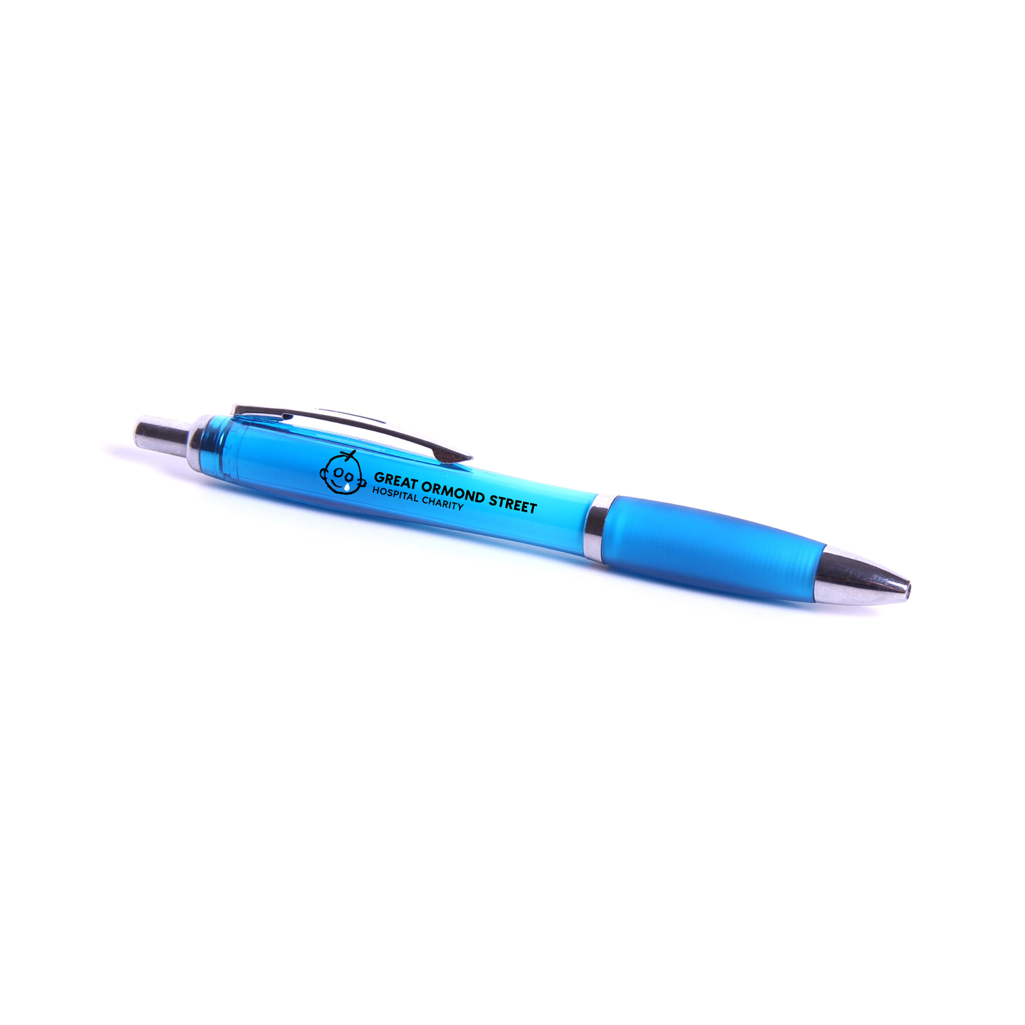 Blue ball-point pen with silver casing featuring GOSH Charity teardrop logo against a white background