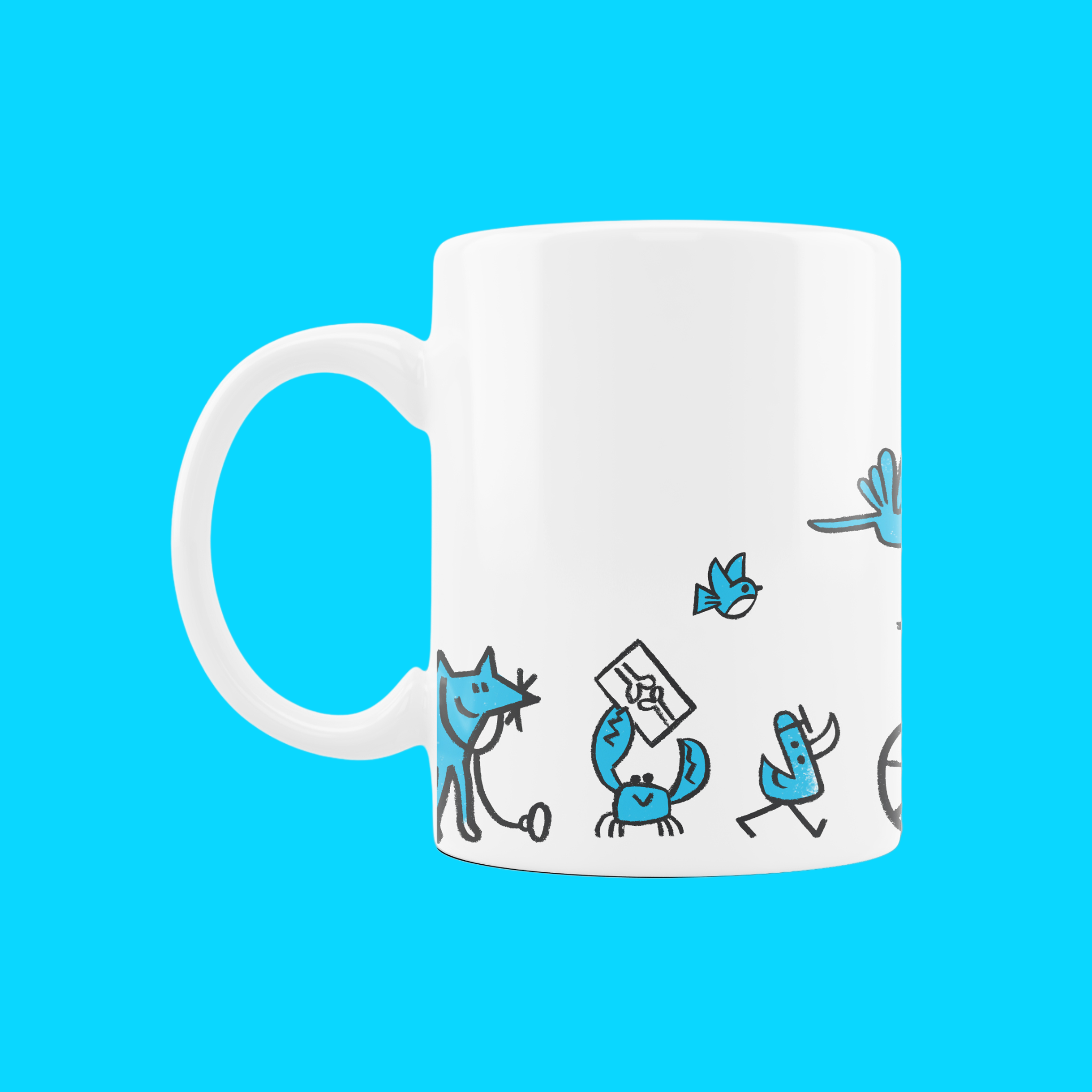 White mug with animal design featuring blue scribble-style illustrations of a crab, fox, parrot, robin and duck