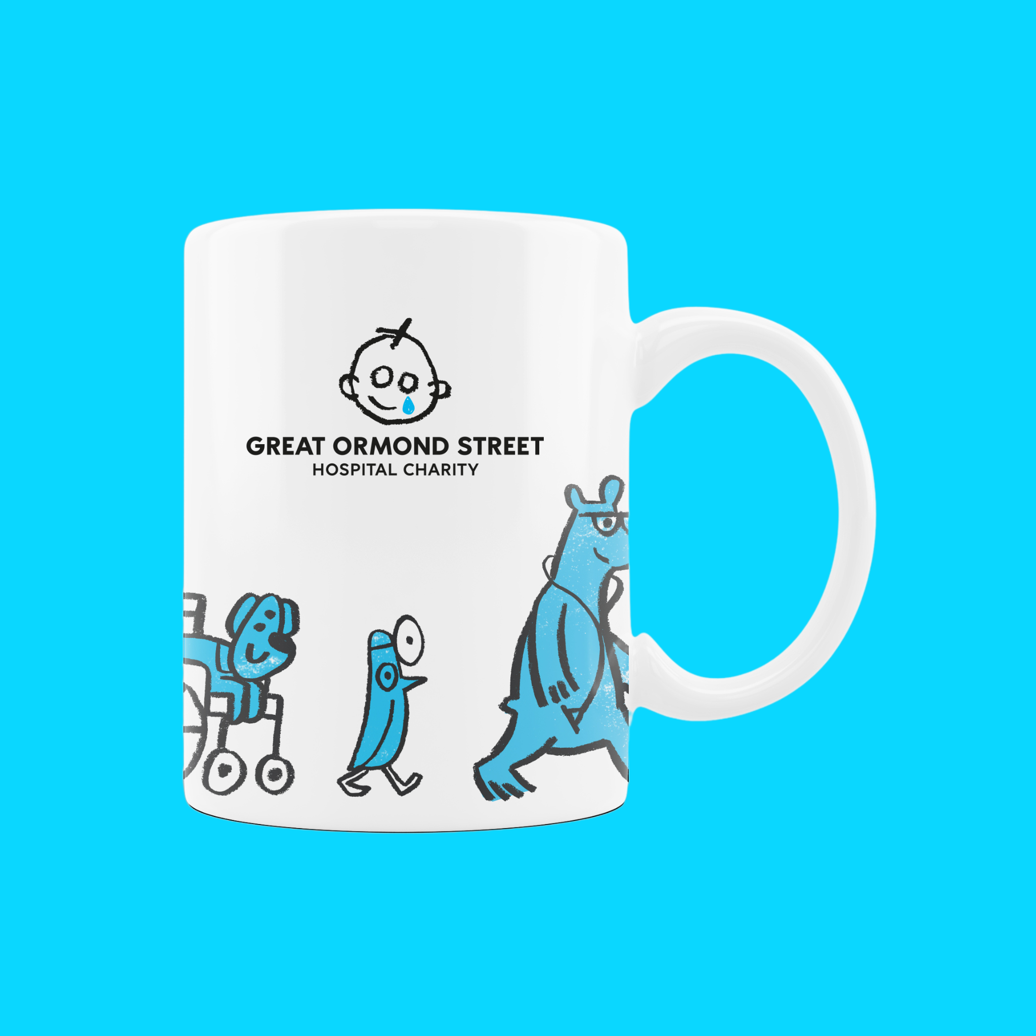 White mug with animal design featuring blue scribble-style illustrations of a dog, puffin and bear and GOSH Charity logo