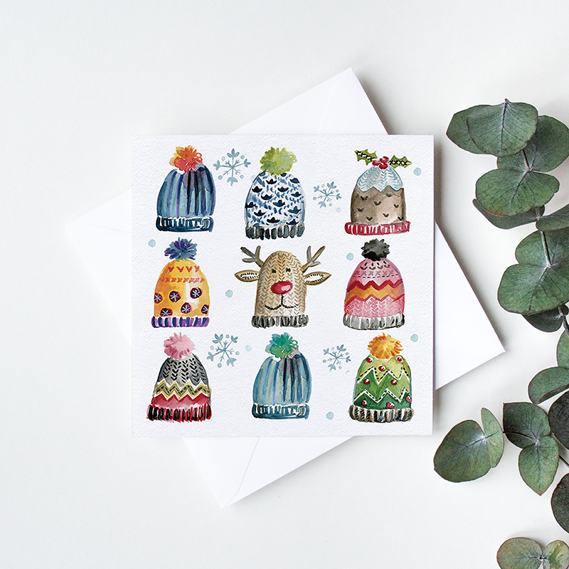 nine_illustrated_wooly_festive_hats_card_design