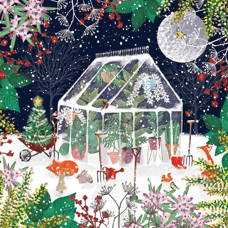 an_illustrated_beautiful_winter_garden_with_woodland_animals_and_birds