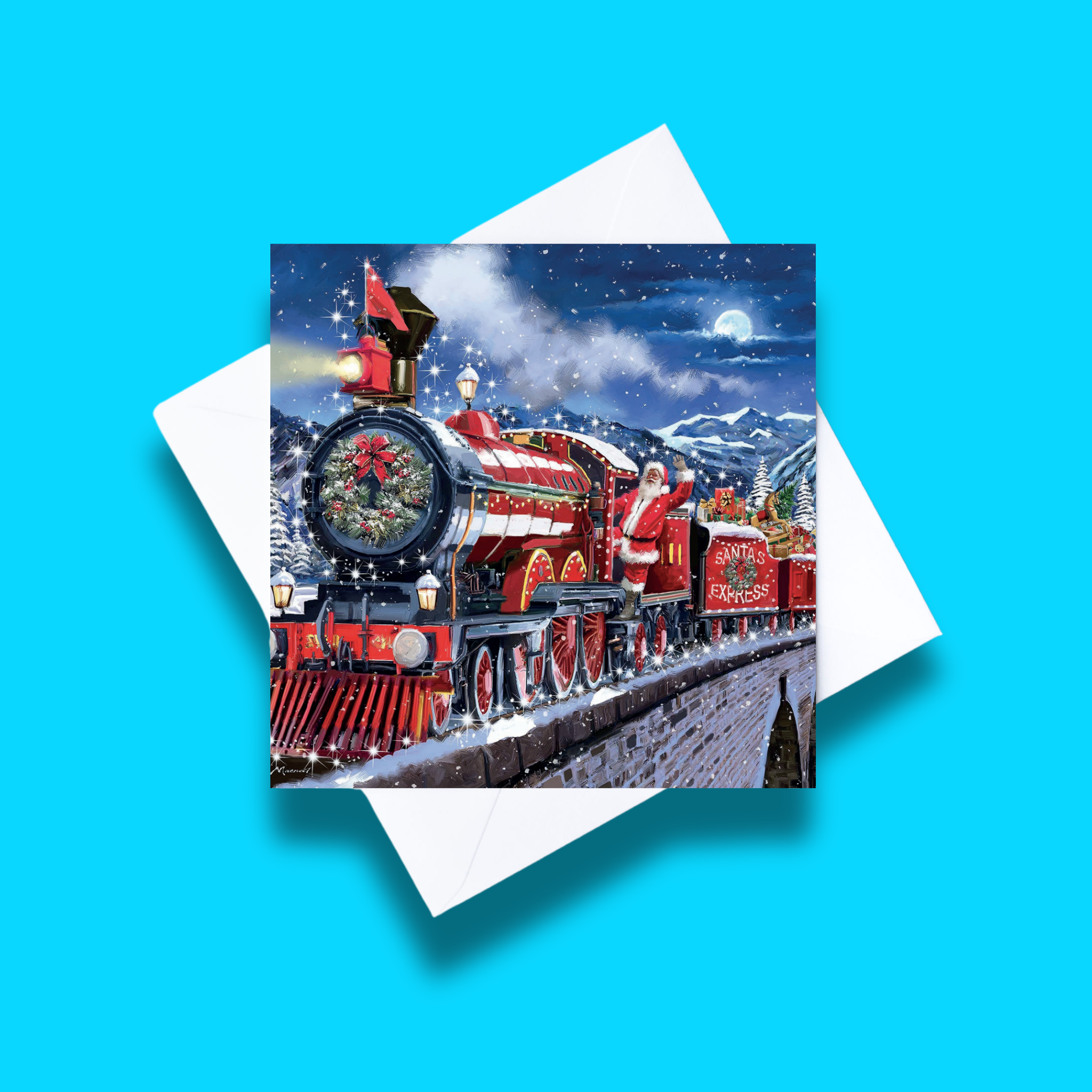 Special delivery Christmas card with white envelope on a blue background. Card design features 
santa on a festive train going across a bridge on a starry night