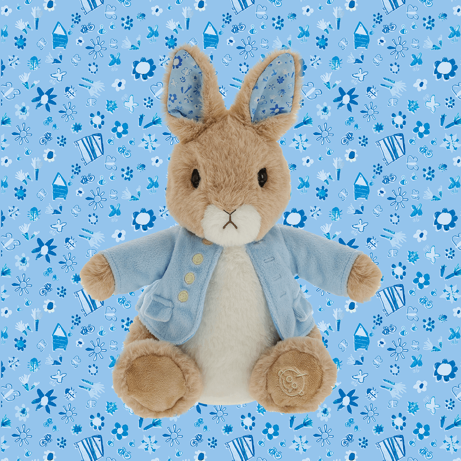 GOSH Charity Arts Peter Rabbit Soft toy blue background